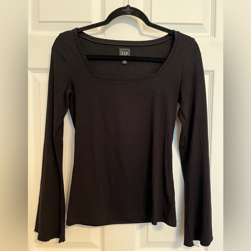 Gap Flared Long Sleeve Square Neck Black Ribbed Shirt Size XS